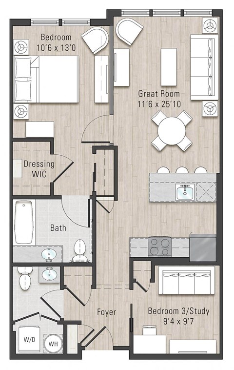 Floor plan for 1 bed, 1 bath, 825 sqft
